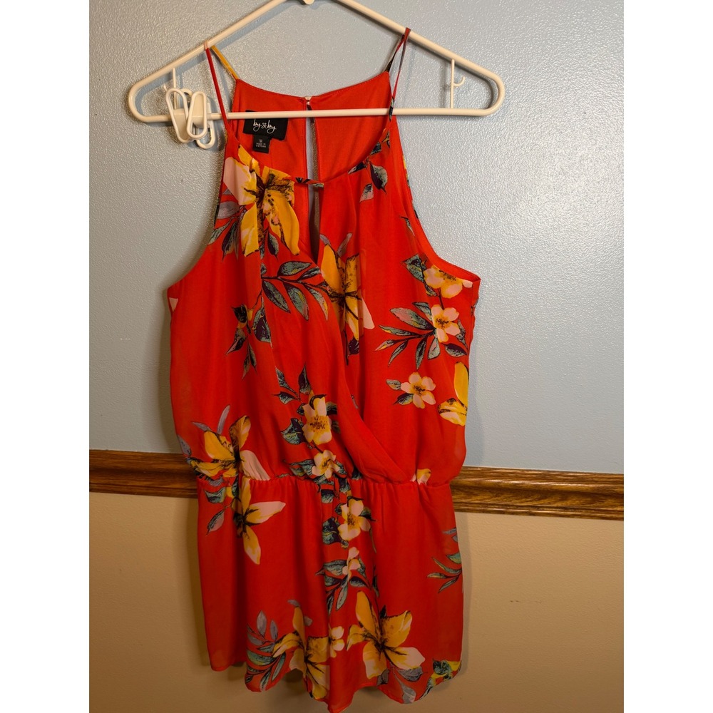 By & By Orange Floral Halter Romper Medium Tropical Keyhole Back Sleeveless